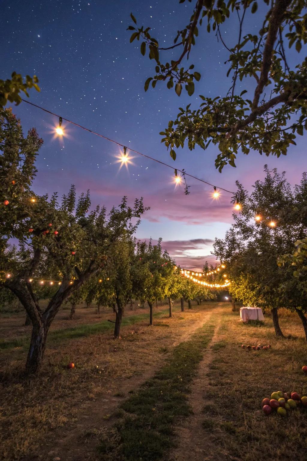 Evening lighting adds a magical touch to your orchard.