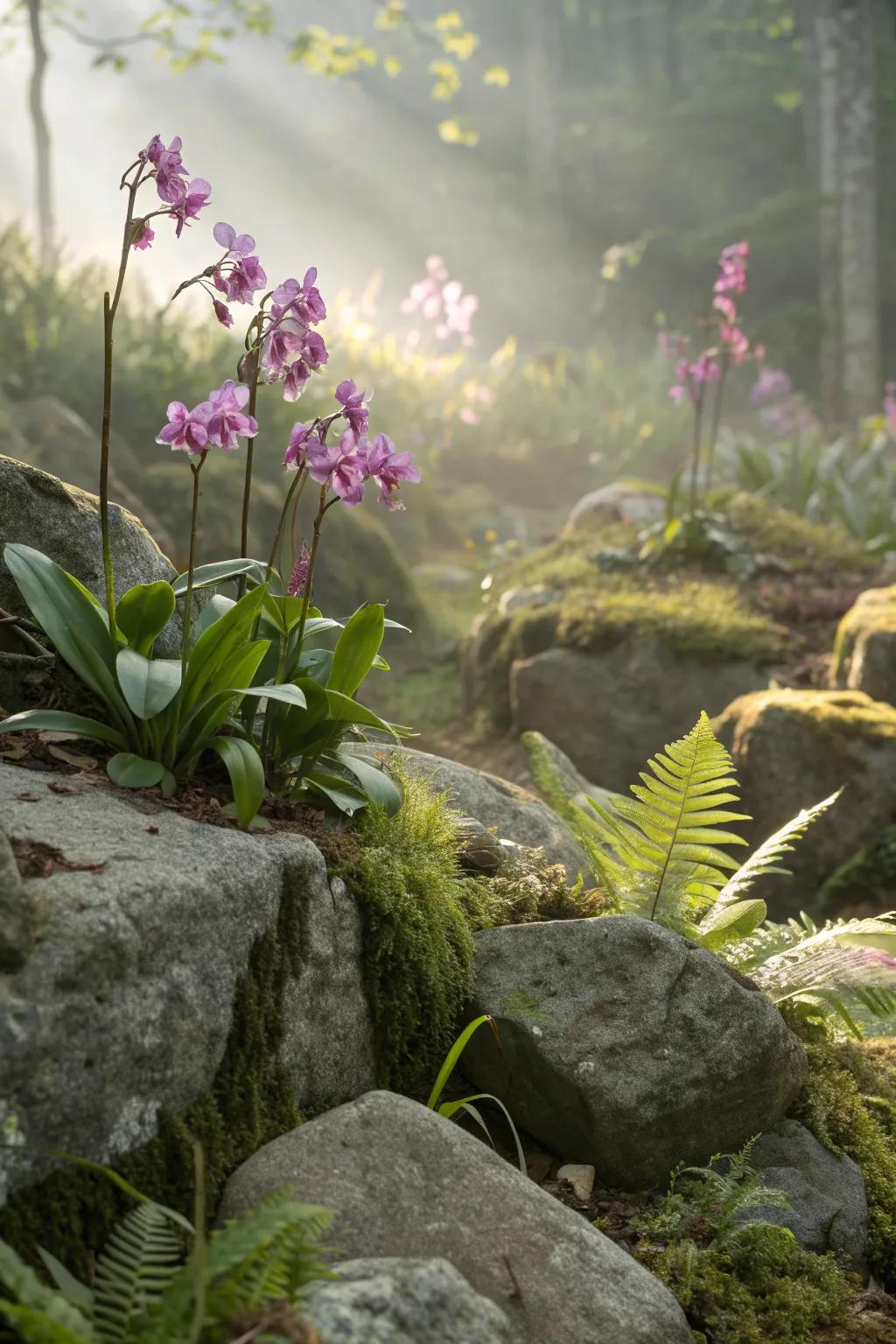 Rock garden adding a rugged touch to orchid displays.
