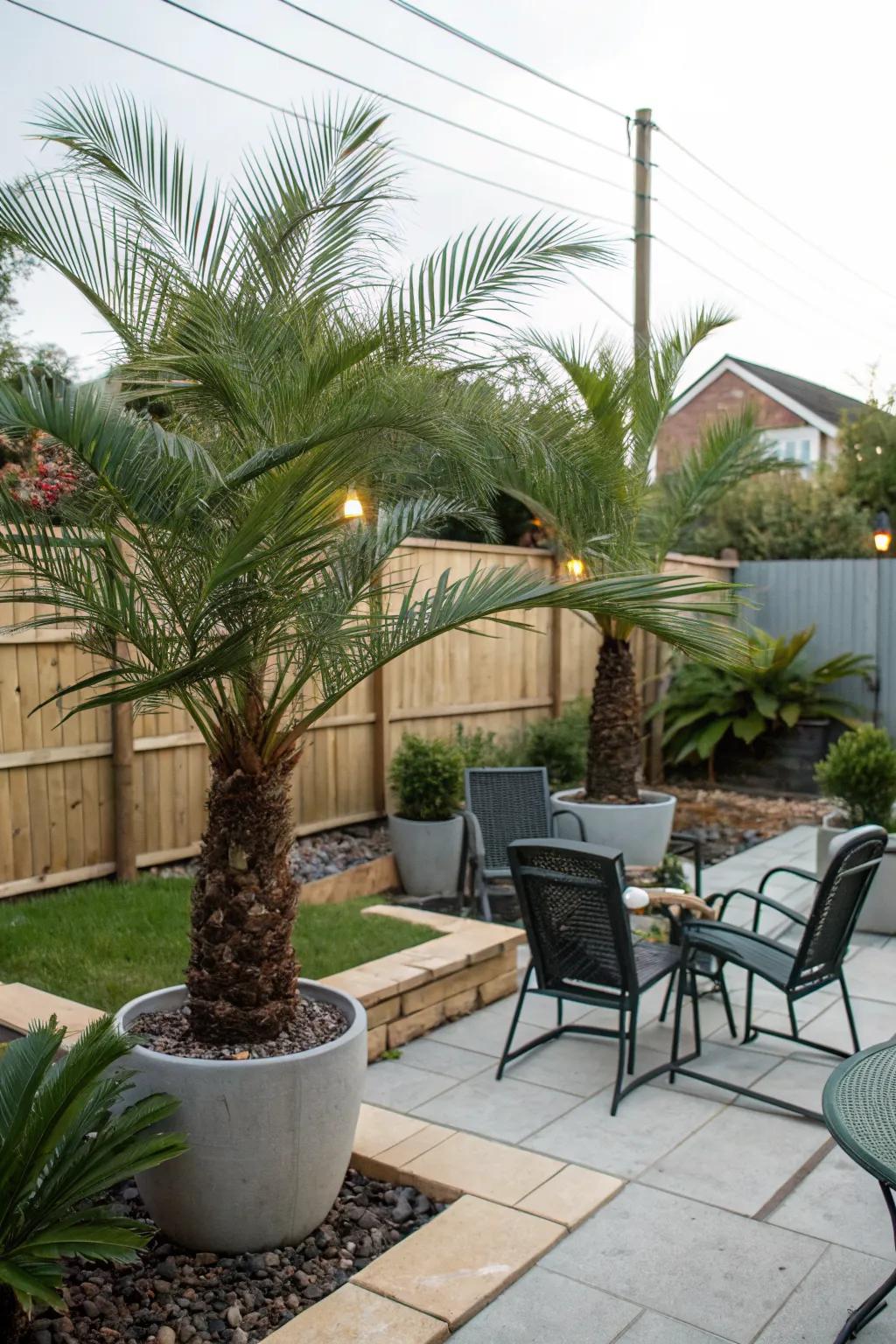 Container palms offer flexibility in garden layout.