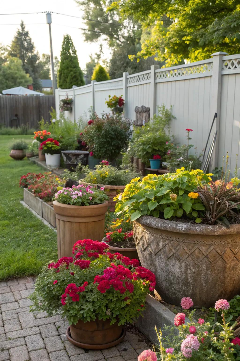 Eclectic planters add character and charm to garden spaces.
