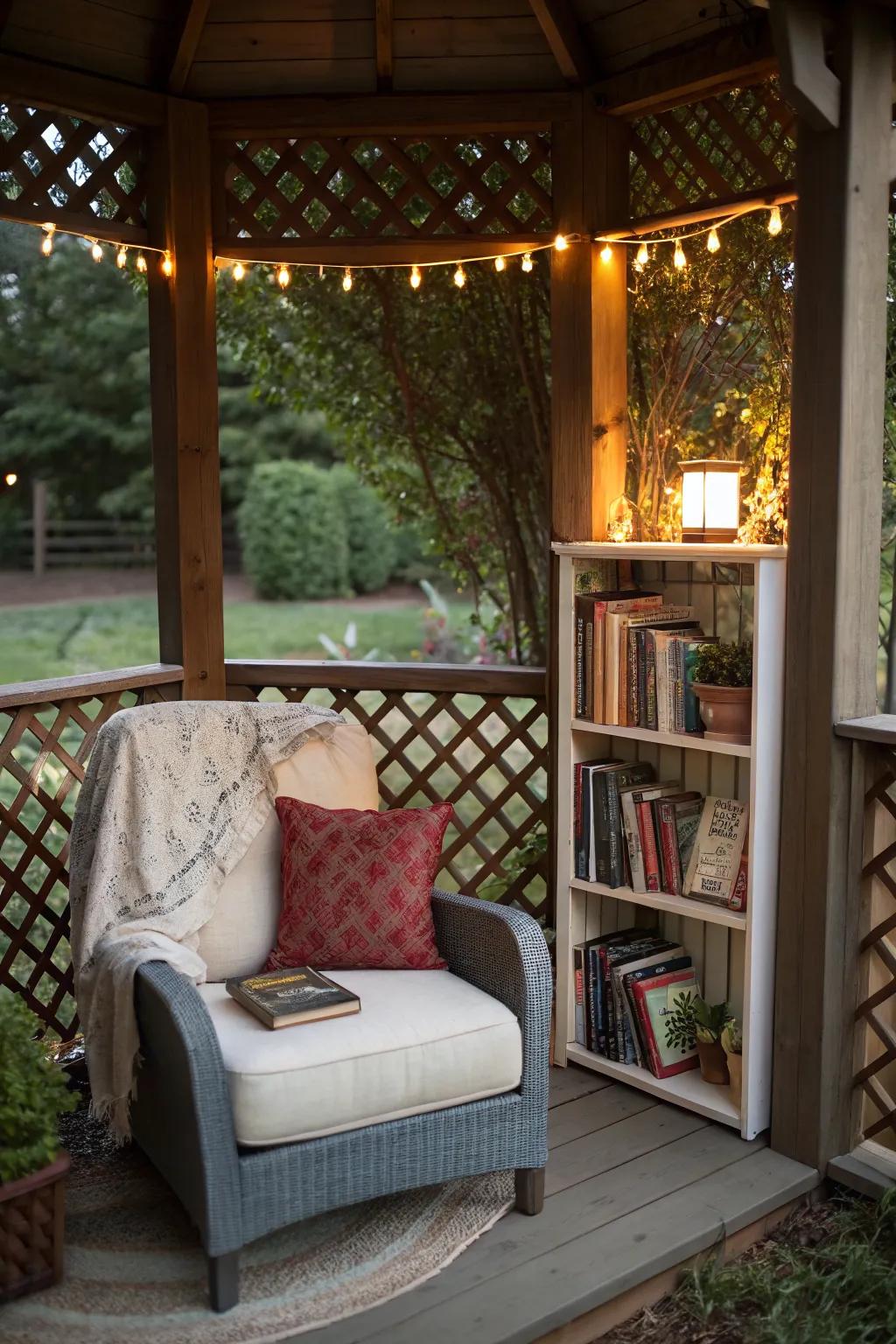 A charming reading nook within a backyard gazebo.