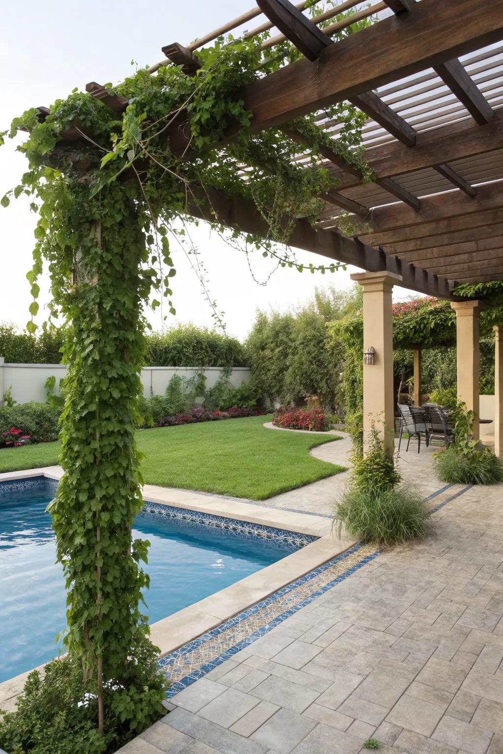 A pergola with climbing vines providing shade and charm.