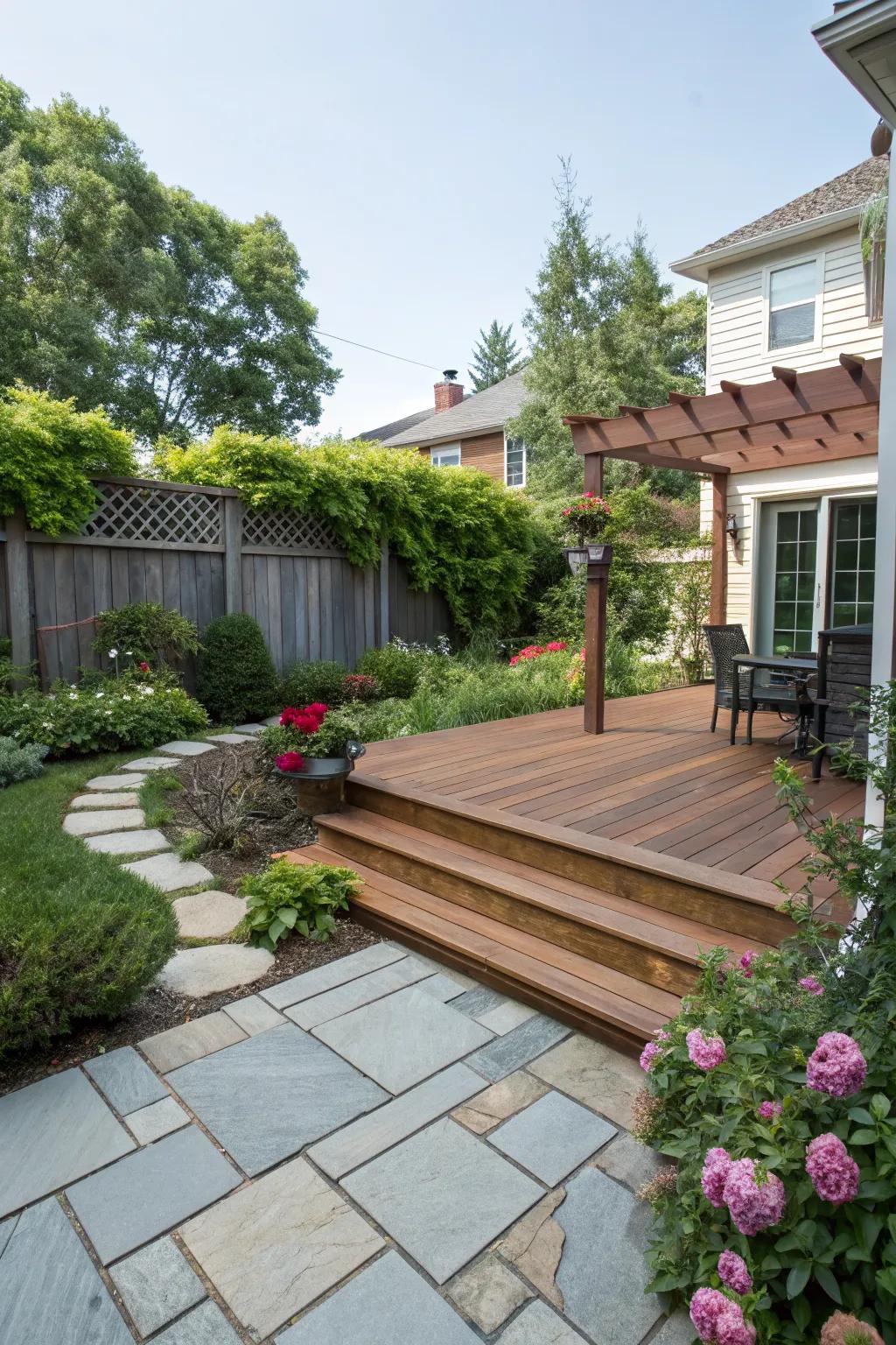 A rustic combination of wood and stone in the backyard.