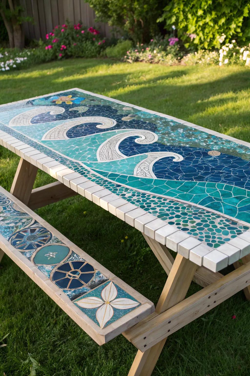 Elevate your backyard with an artistic mosaic tabletop that captures the serene beauty of the sea.