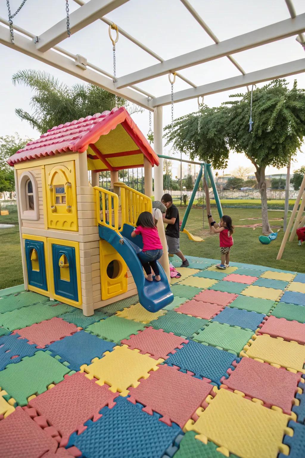 Foam tiles provide a cushioned and colorful playground surface.
