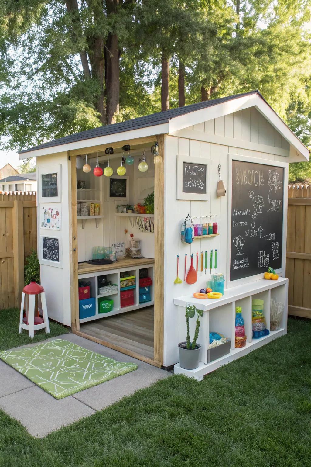 An outdoor science lab playhouse fosters curiosity and learning.