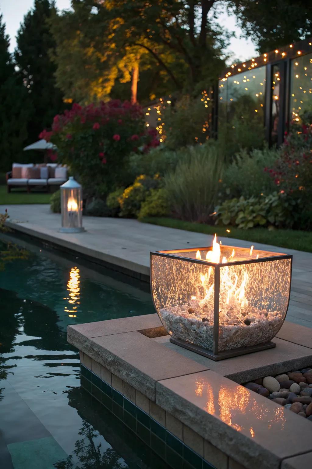 Reflective glass adds glamour to your fire pit's ambiance.