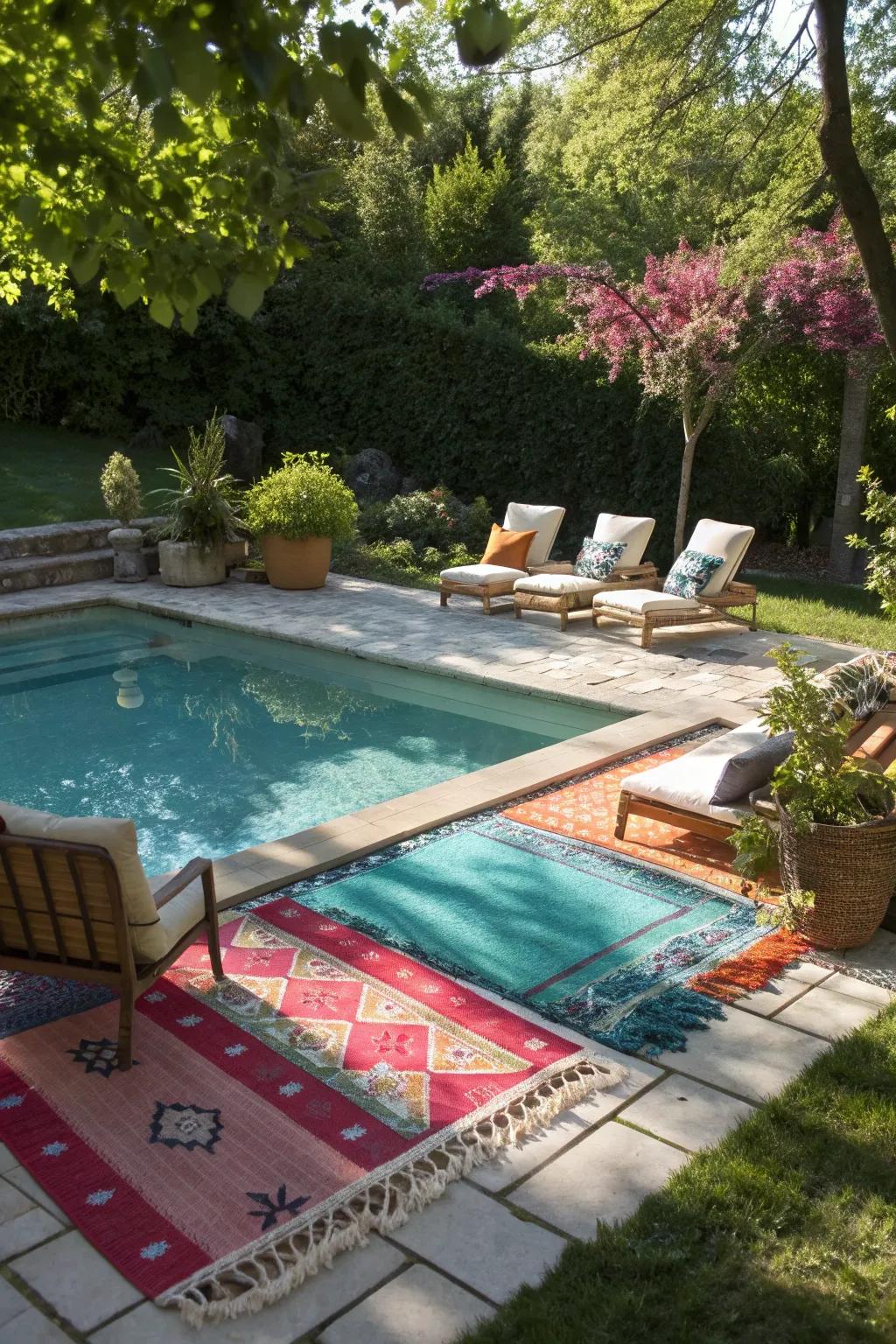 A lively pool area with colorful rugs adding warmth and style.