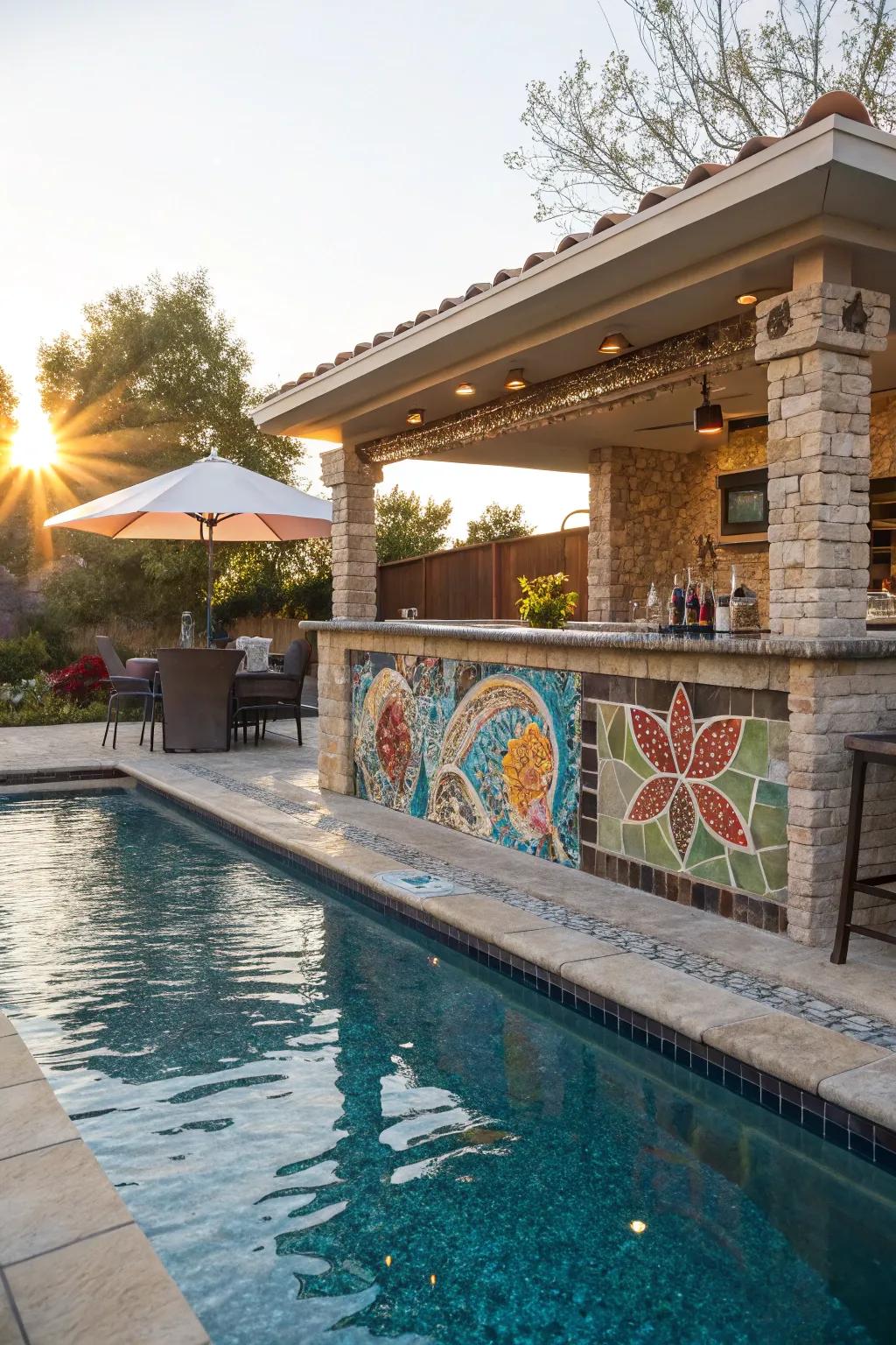 Custom tile art adds a unique and artistic touch to your swim-up bar.