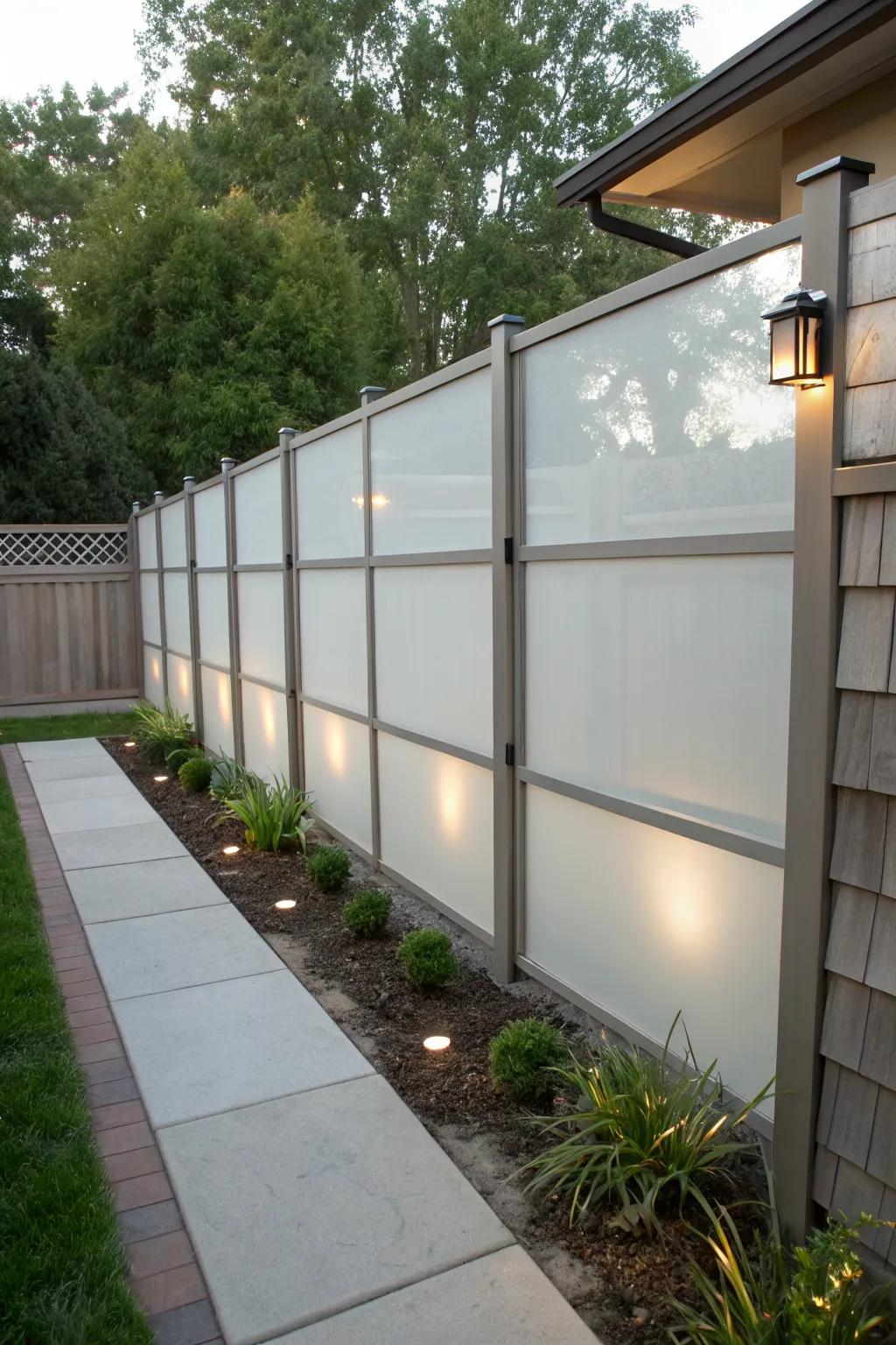 Glass panel walls provide a modern touch to garden privacy solutions.