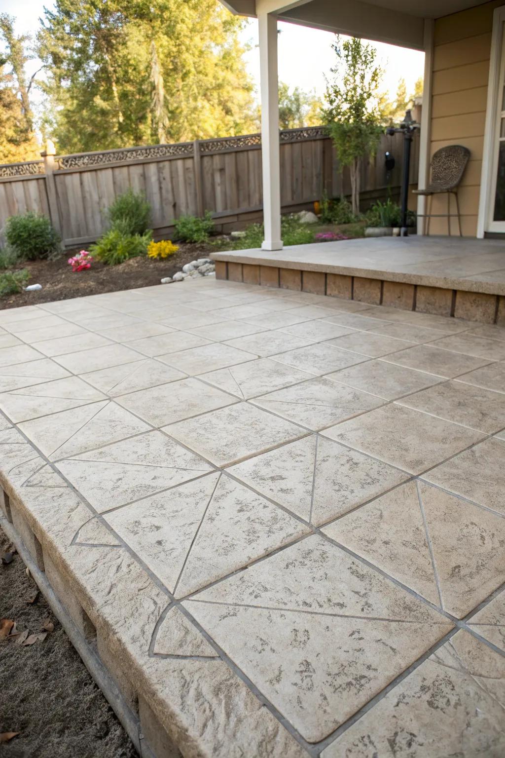 Concrete patio mimicking a classic tile design.