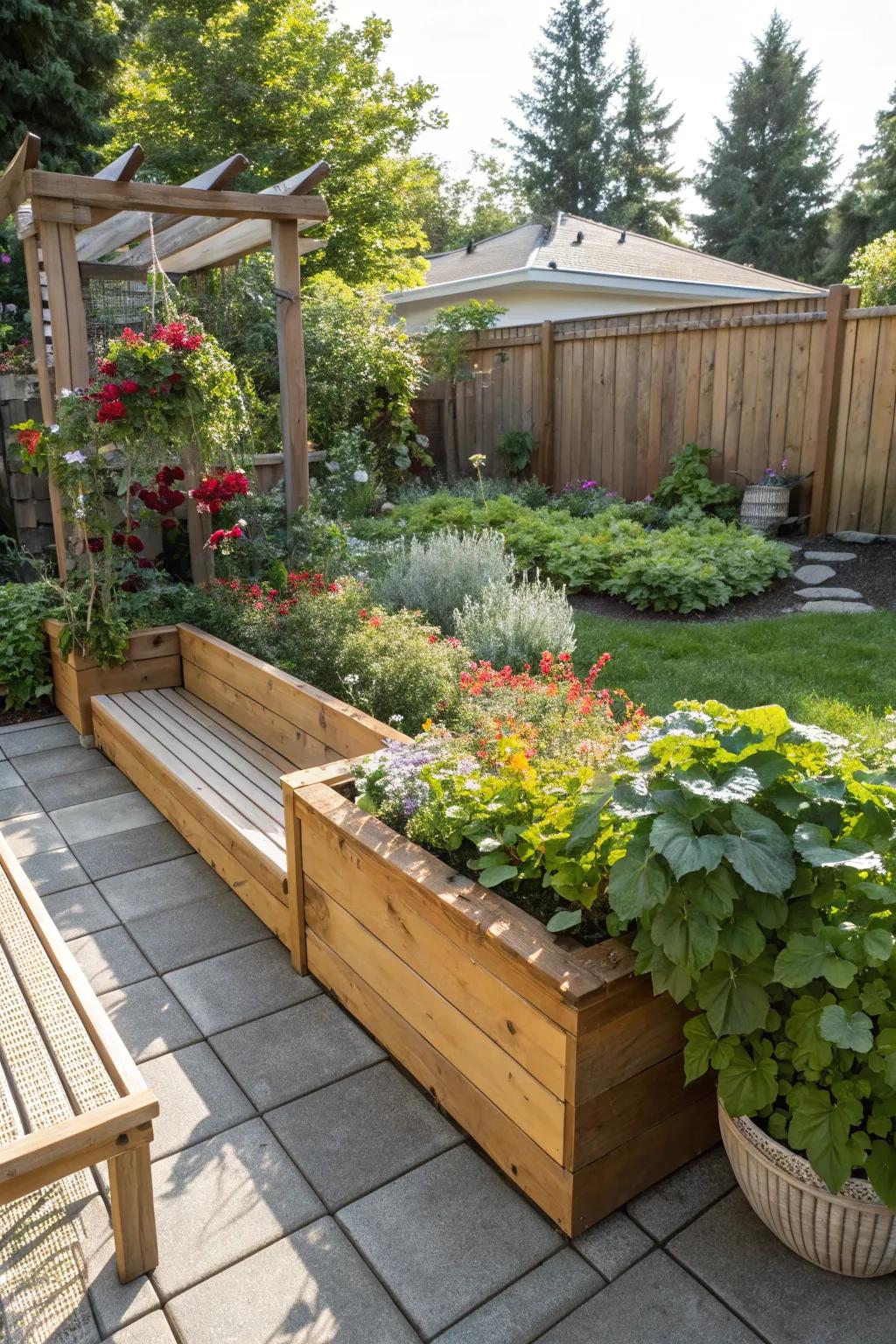 Built-in seating offers comfort and functionality in your garden.