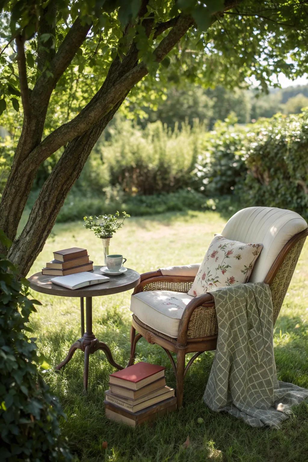 An outdoor reading nook offers a peaceful escape for book lovers.
