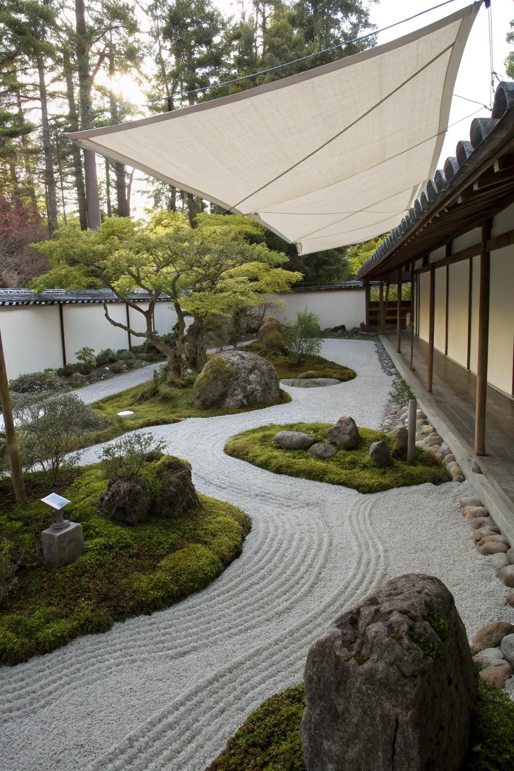 Sail shades enhancing the tranquility of a zen garden.