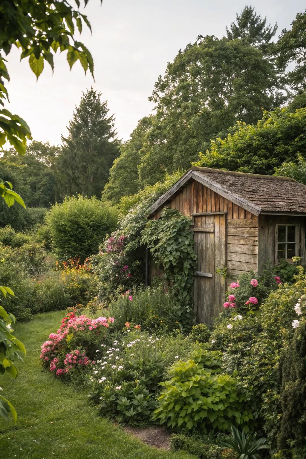A hidden garden shed tucked away among lush foliage.