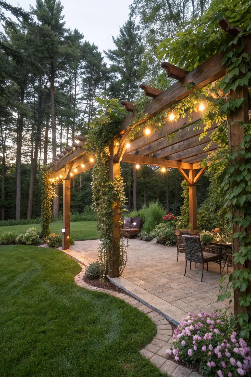 Integrated lighting under a pergola creates an enchanting evening atmosphere.