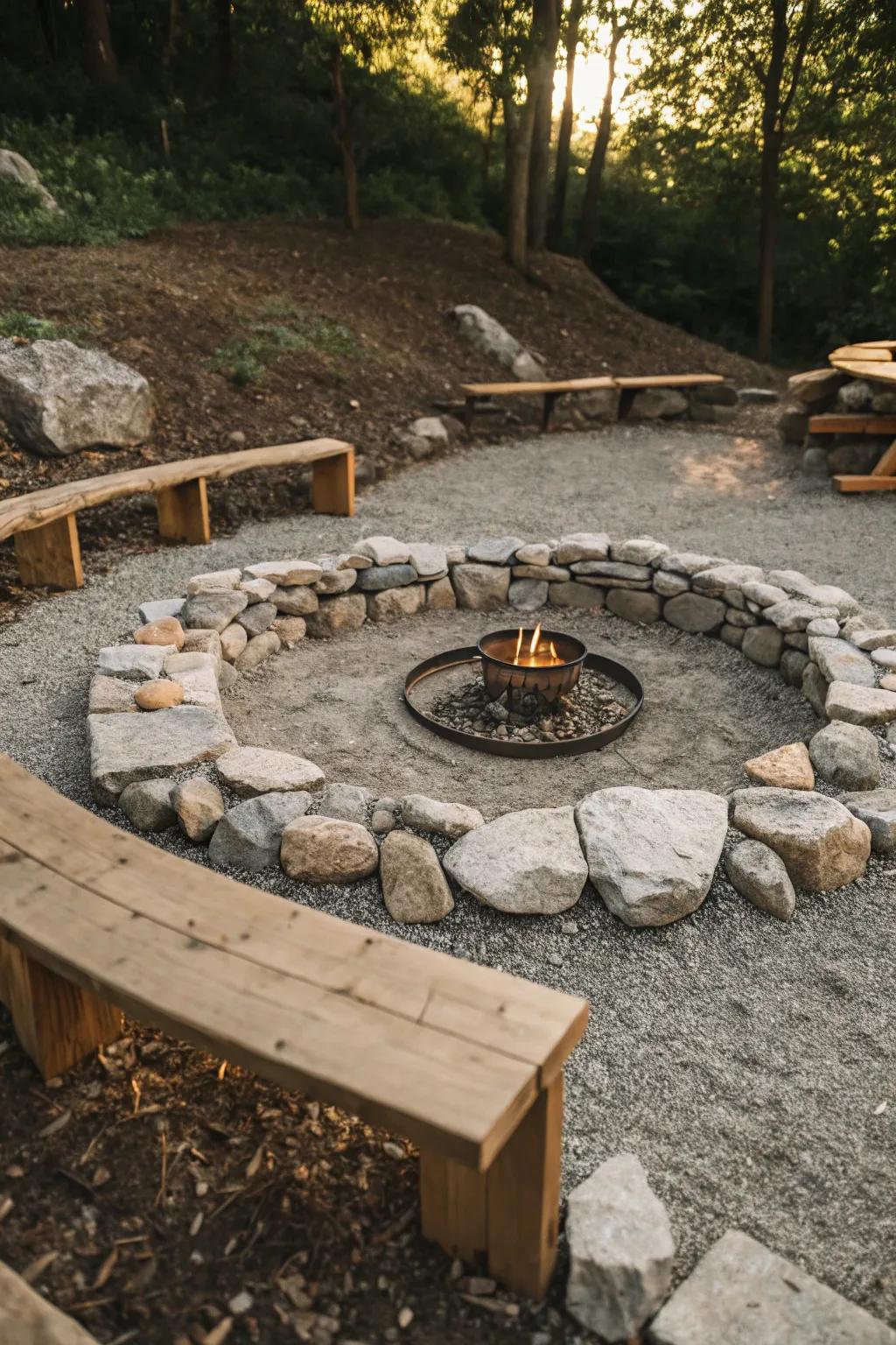 Crushed stone circles define gathering spaces with added texture.