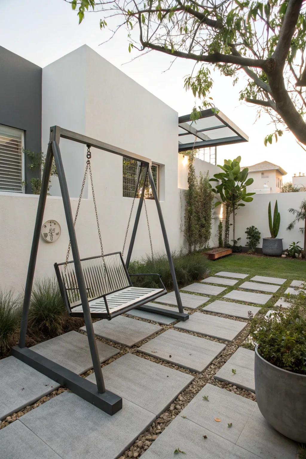 A sleek metal swing serving as a stylish focal point.