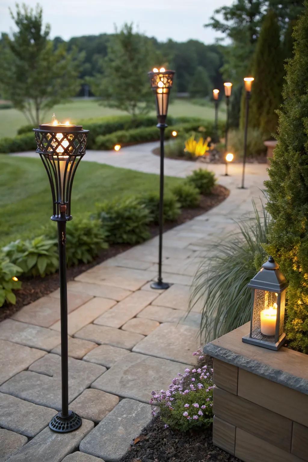 Bracket-mounted torches provide a stable lighting solution for decks.