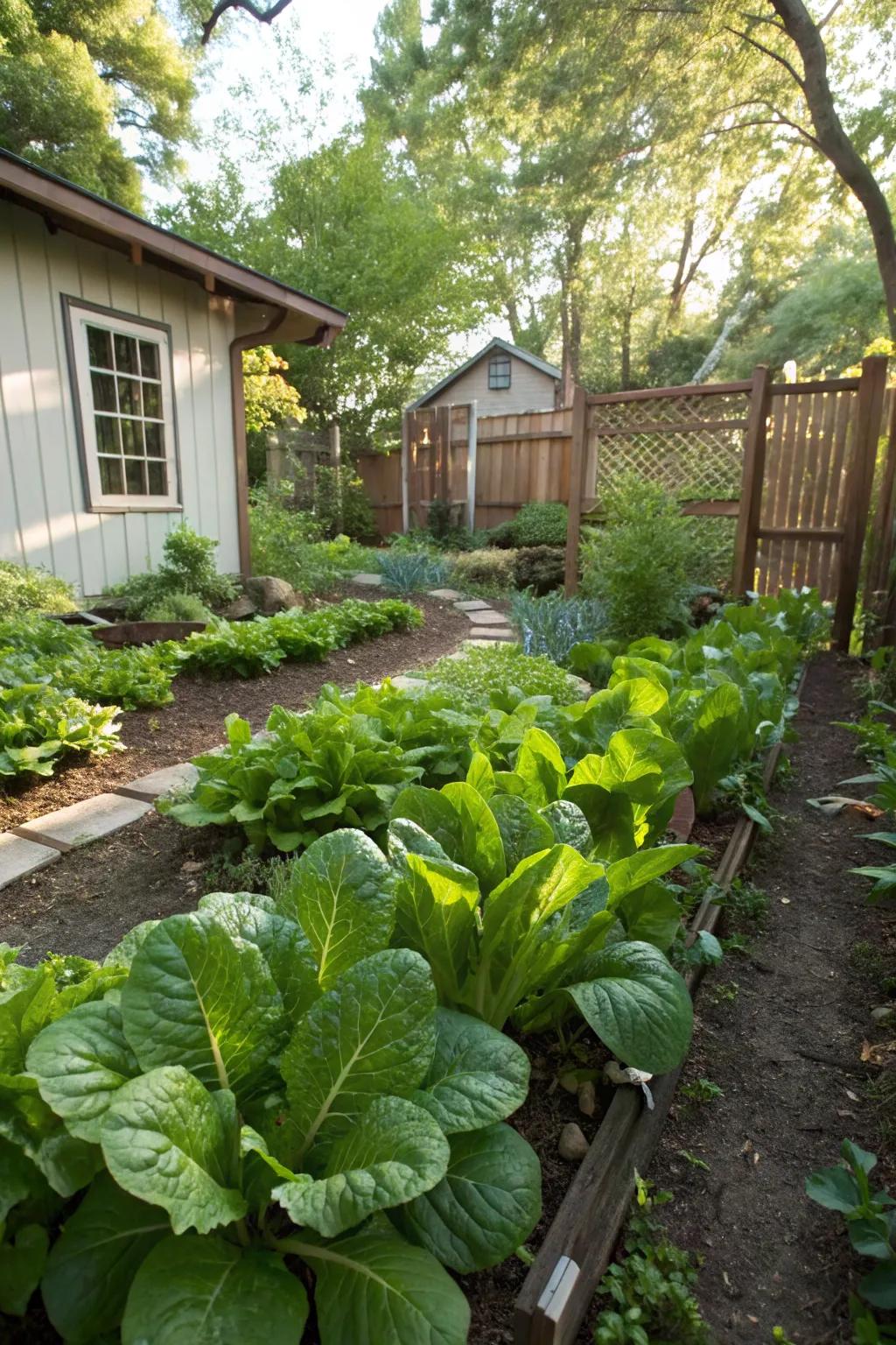 A lush partial-shade garden supporting leafy greens and herbs.