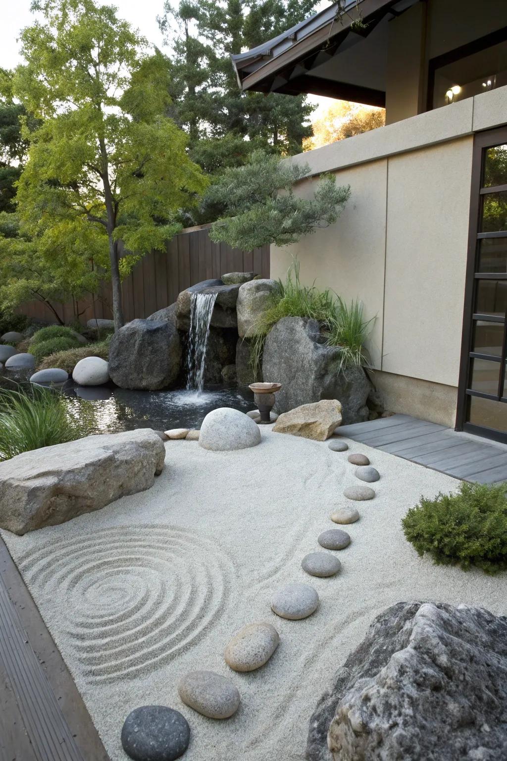 A Zen garden waterfall fosters a peaceful and meditative atmosphere.