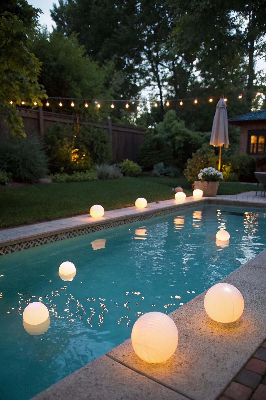 Floating pool lights add a magical touch to backyard pools.