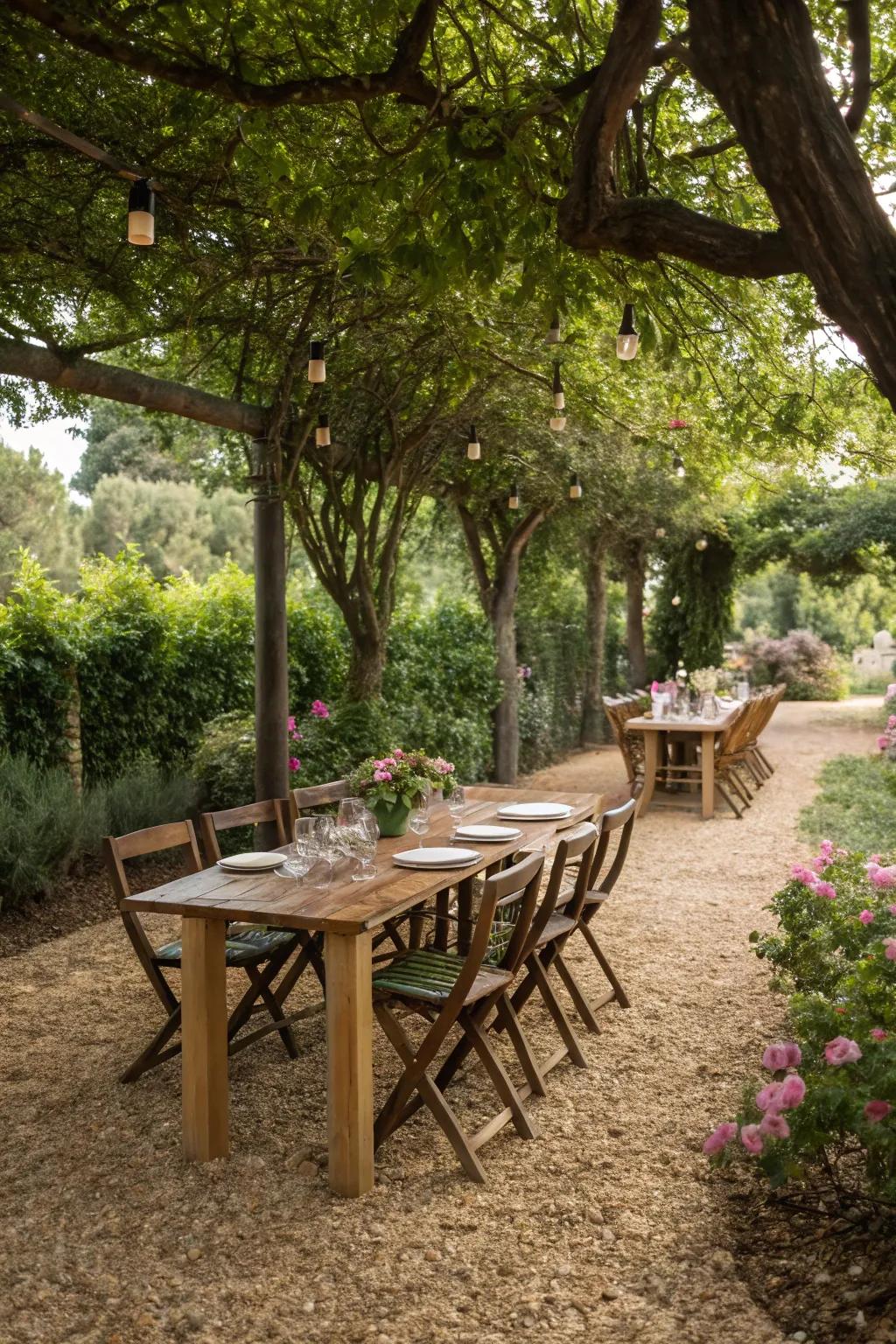 An inviting outdoor dining space defined by wood chips.
