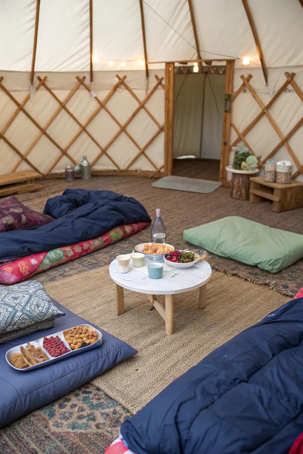 A yurt set up for a cozy backyard sleepover.