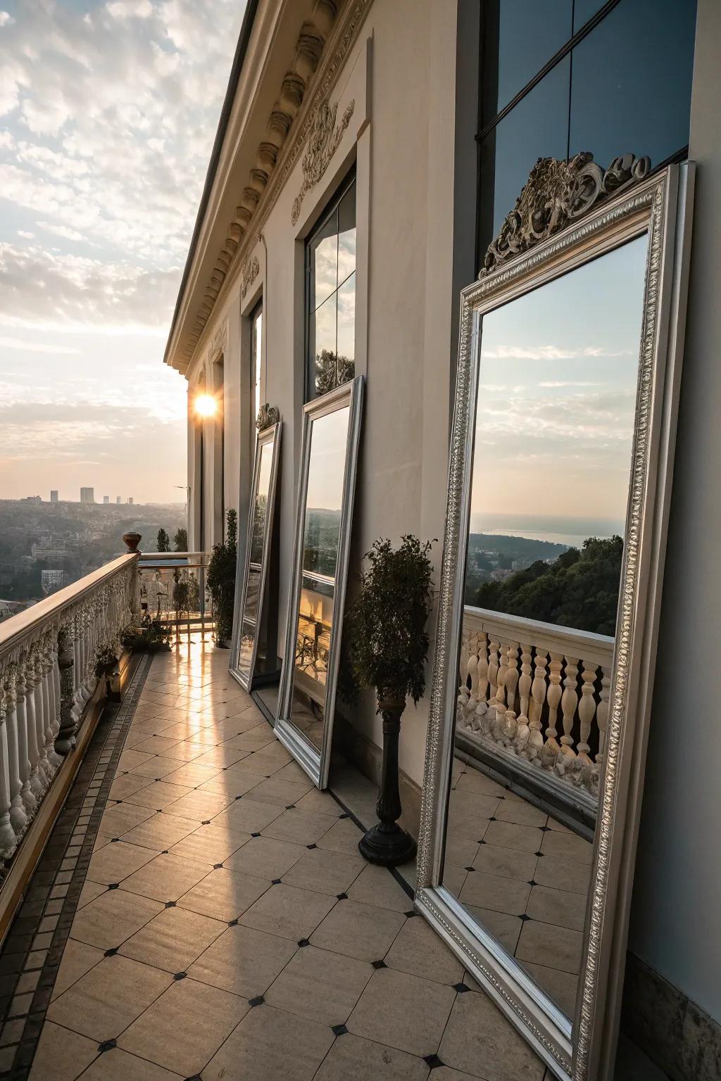 Mirrors create an illusion of space and light on balconies.