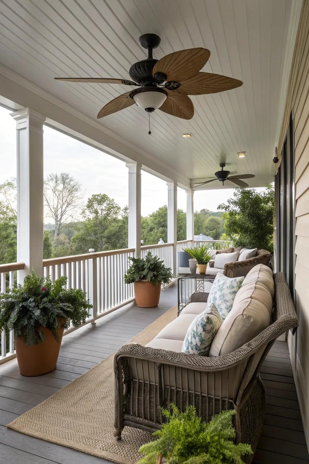 A ceiling fan keeps the balcony comfortable on warm days.