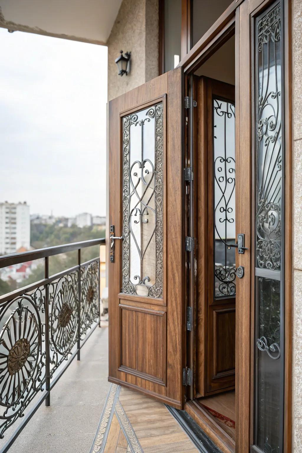 Mixed materials add depth and character to your balcony doors.