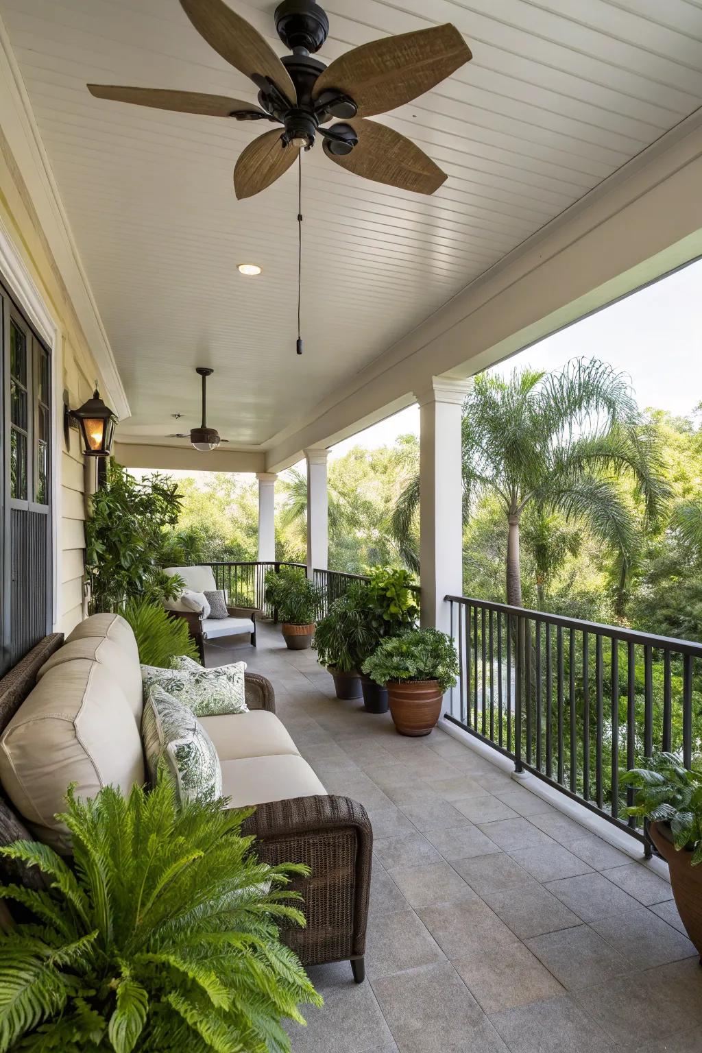 A ceiling fan keeps your balcony comfortable in warm weather.
