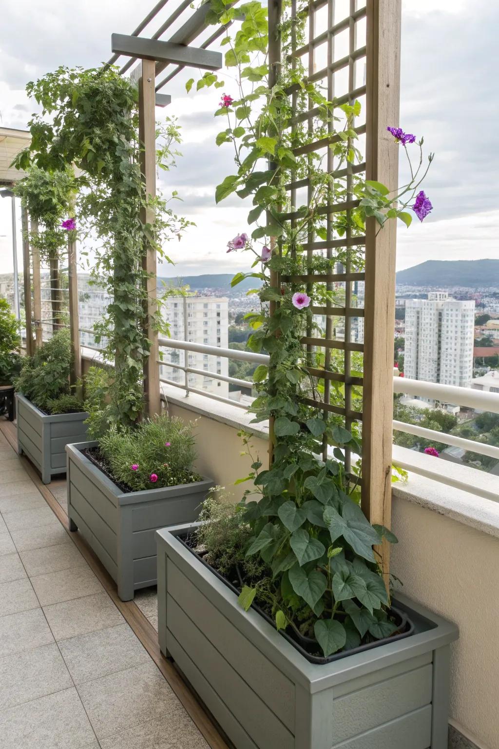 Trellis planter boxes elevate your balcony's visual appeal.