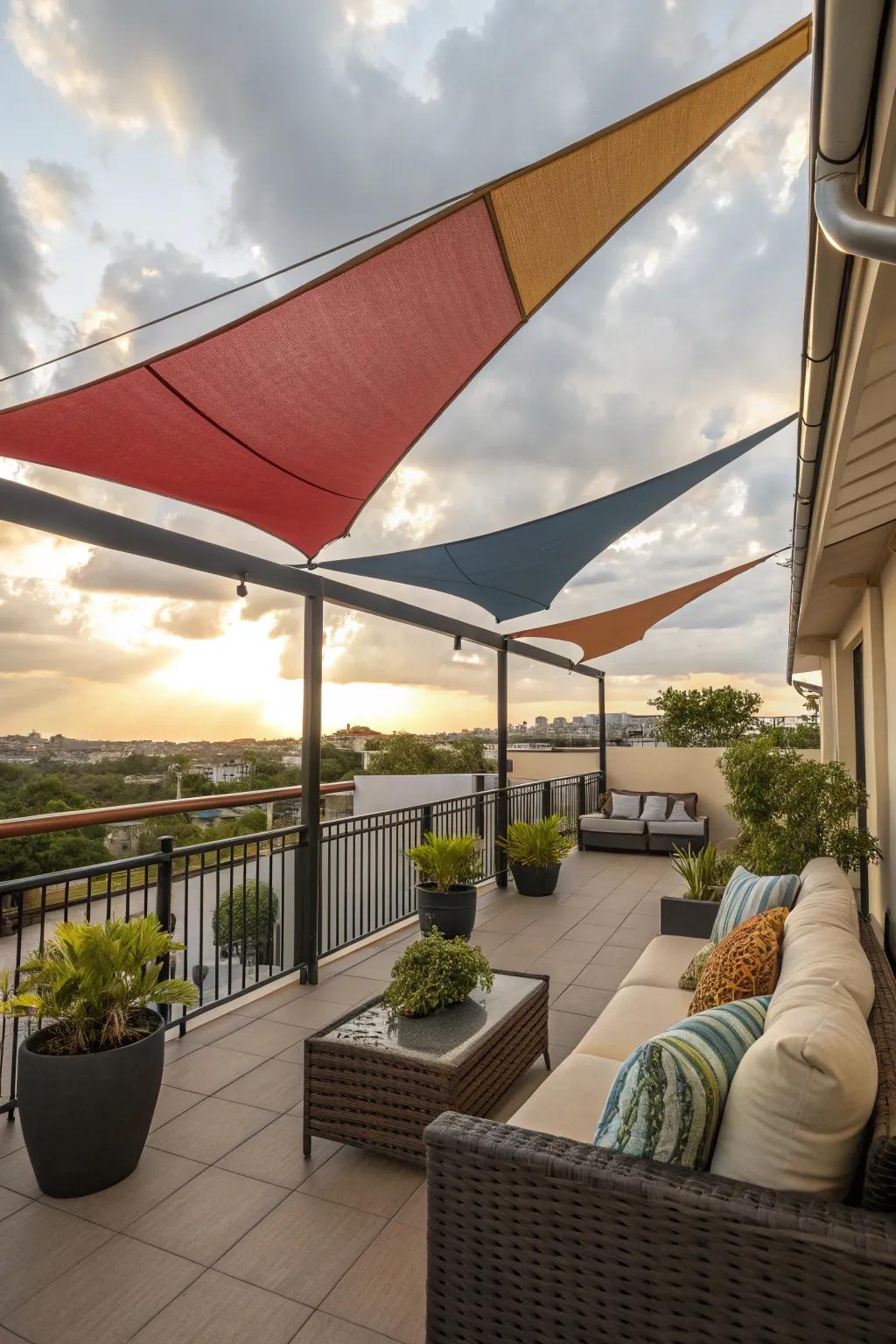 Shade sails offer modern elegance and practical sun protection.