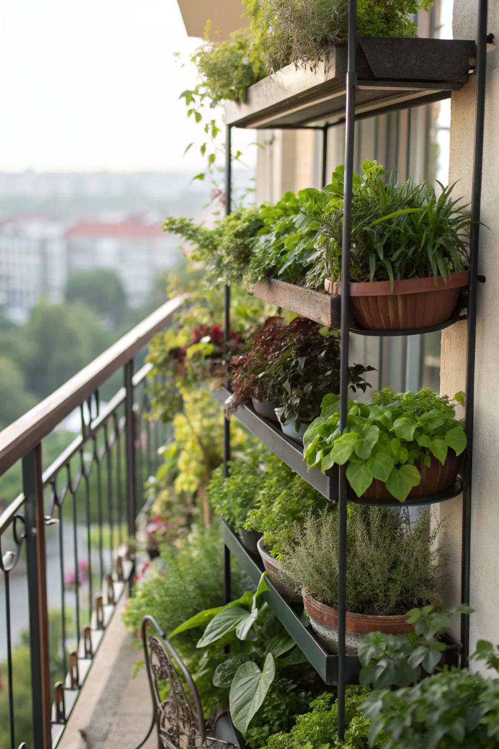 Plant shelves maximize vertical space while offering privacy.