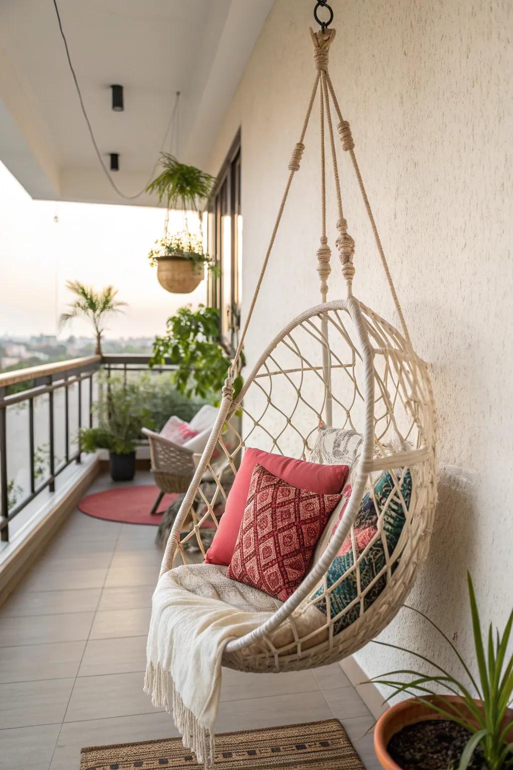 Hanging chairs add a unique touch to balcony seating.