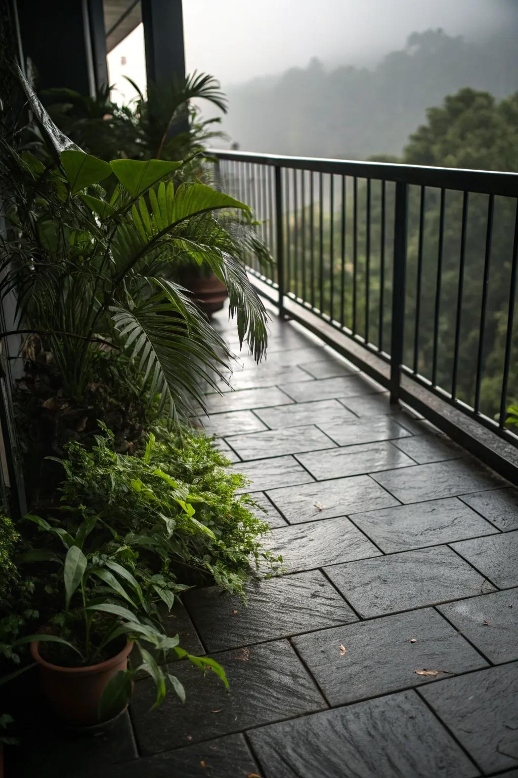 Dark slate tiles create a dramatic and bold look on your balcony.