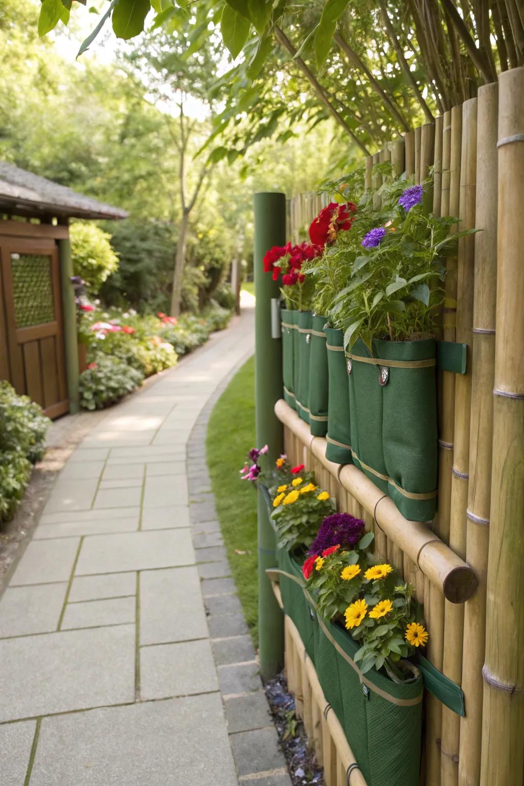 Colorful bamboo edge with flower pockets.