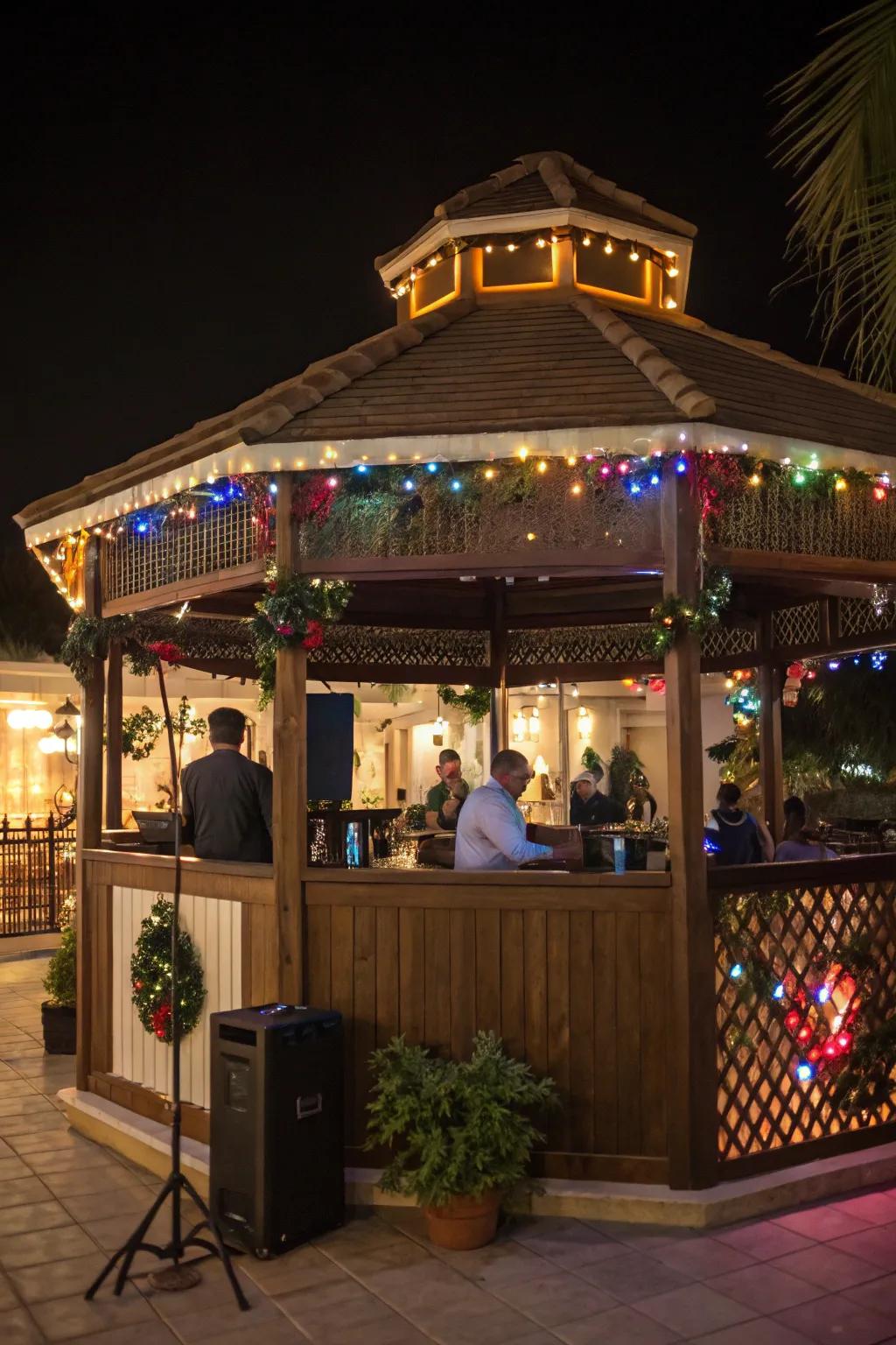 A gazebo bar with a built-in sound system for lively gatherings.