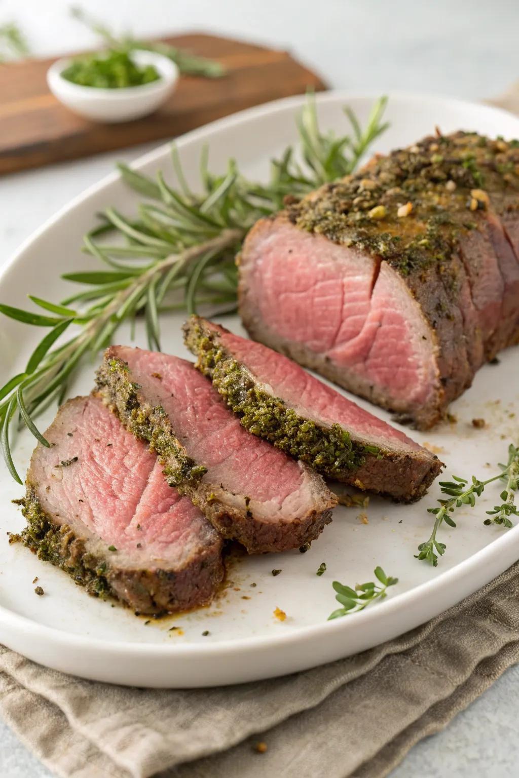 Elegant herb-crusted beef tenderloin, a flavorful centerpiece for any occasion.