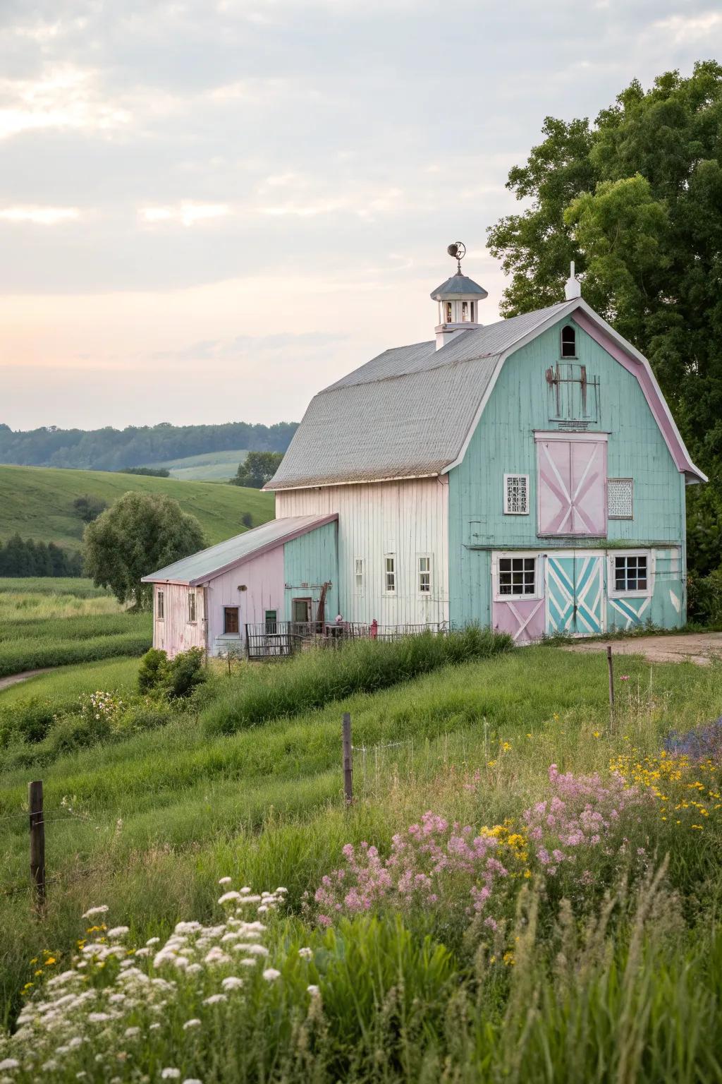A pastel-hued barn with a charming storybook appeal.