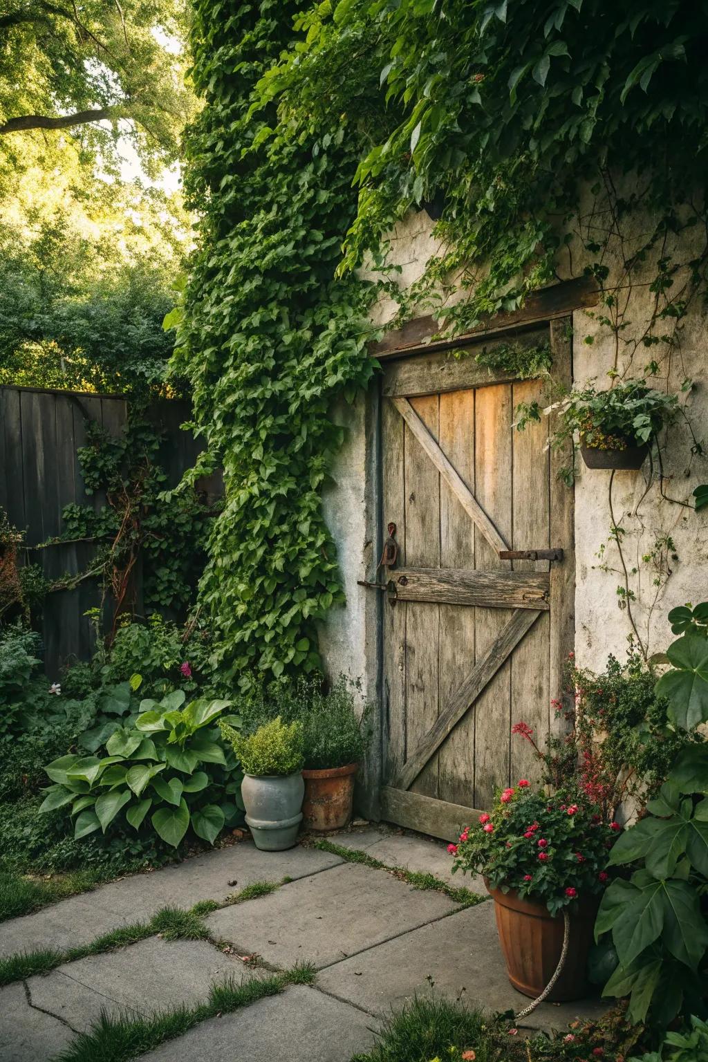 Greenery adds a refreshing touch to barn doors, merging nature with design.