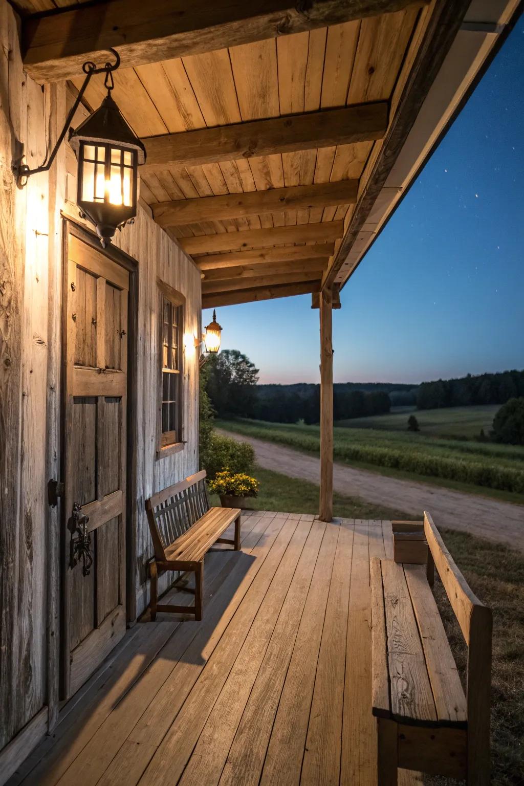 Barn porch illuminated by charming lanterns, creating a warm and inviting atmosphere.