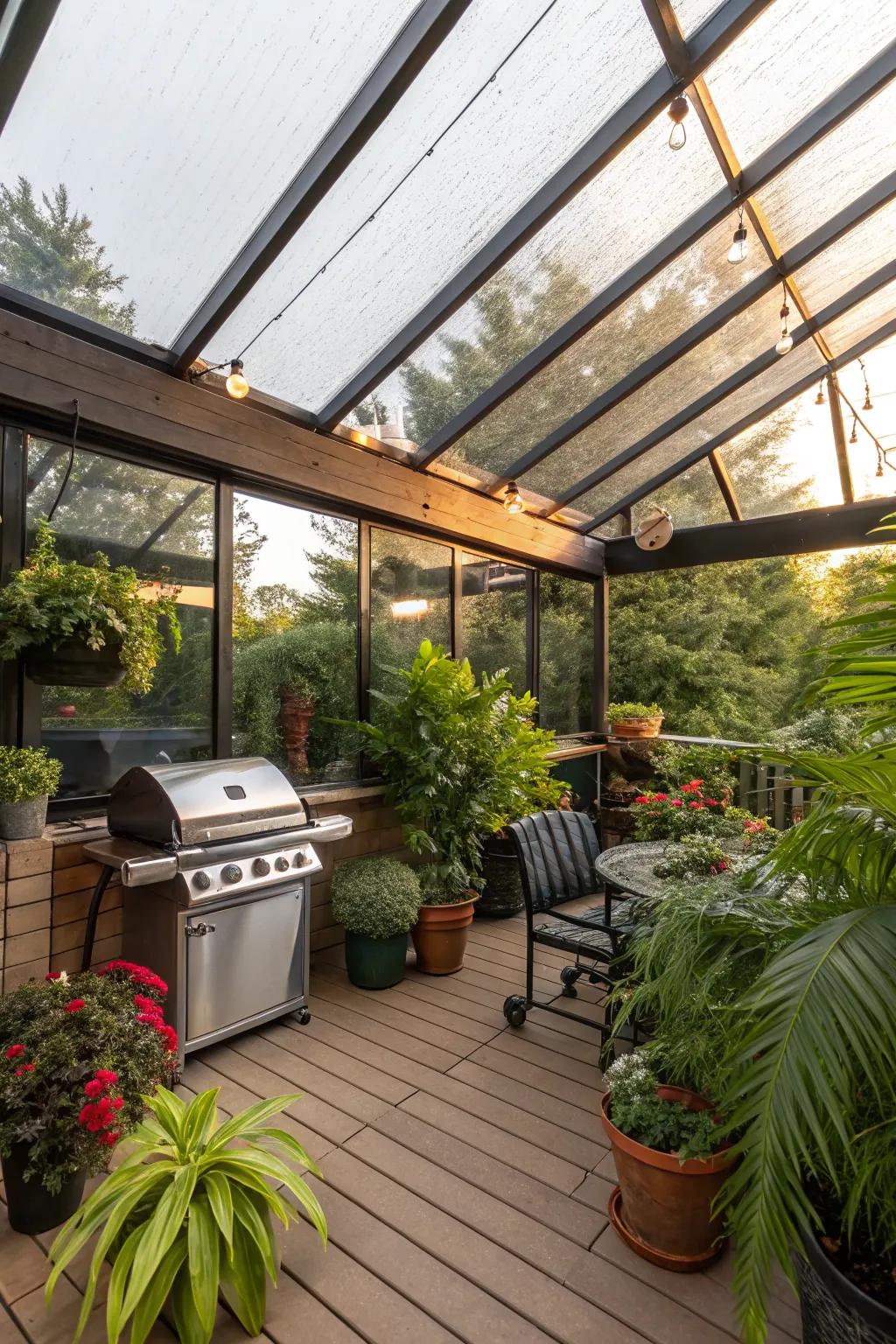 Combine greenery and grilling with a greenhouse-style roof.