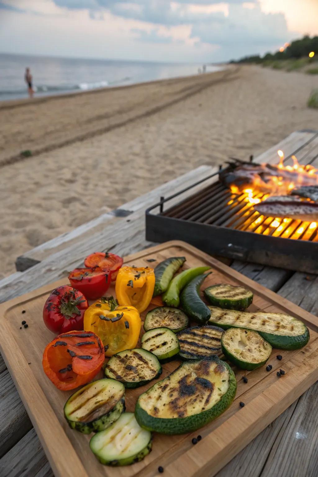 A vibrant platter of herb-marinated grilled veggies.