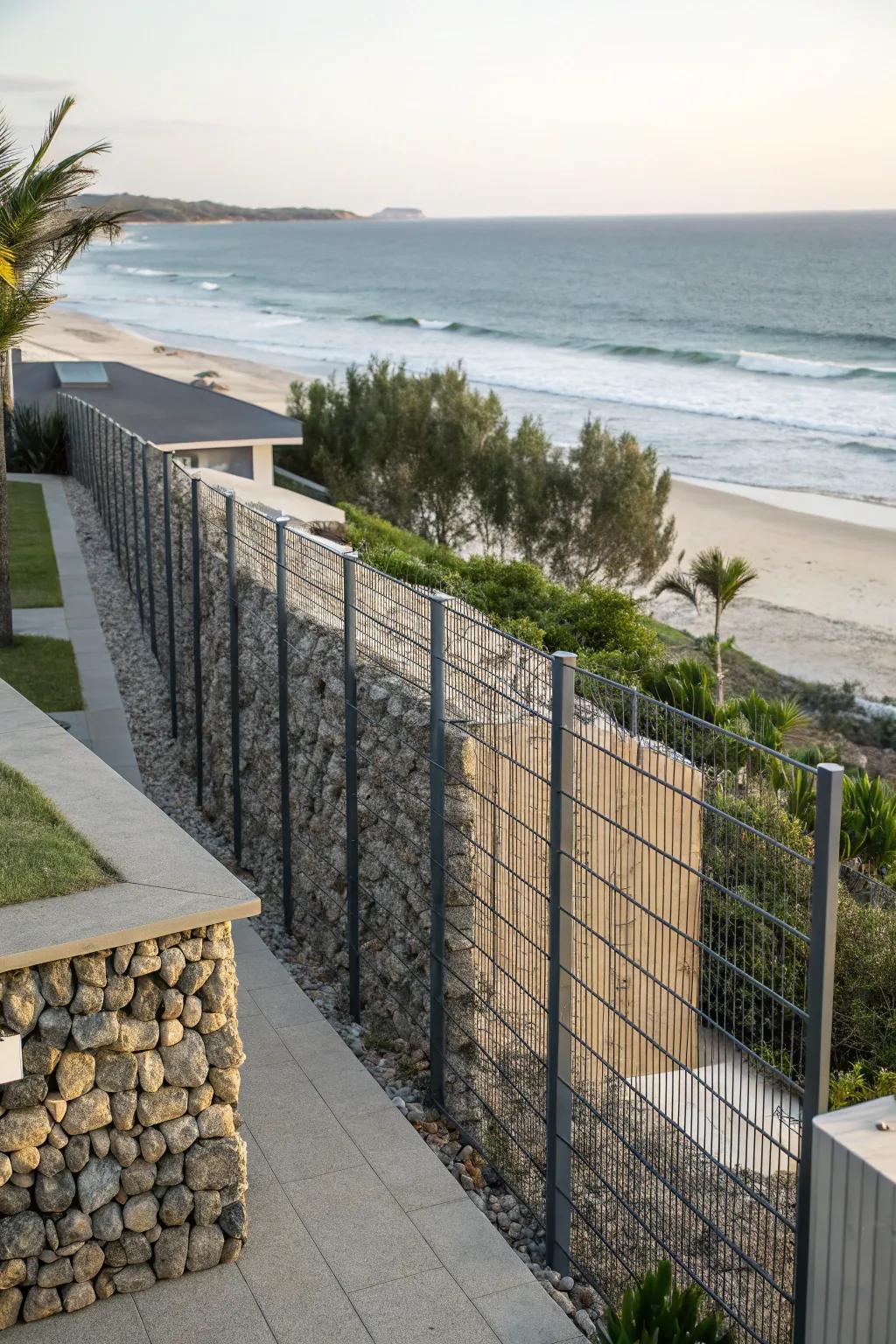 Combine strength and style with a gabion wall fence.