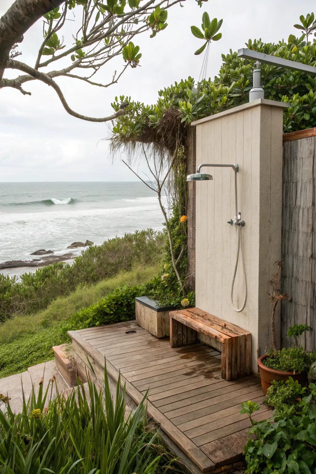 A built-in bench adds comfort and convenience to this outdoor shower.