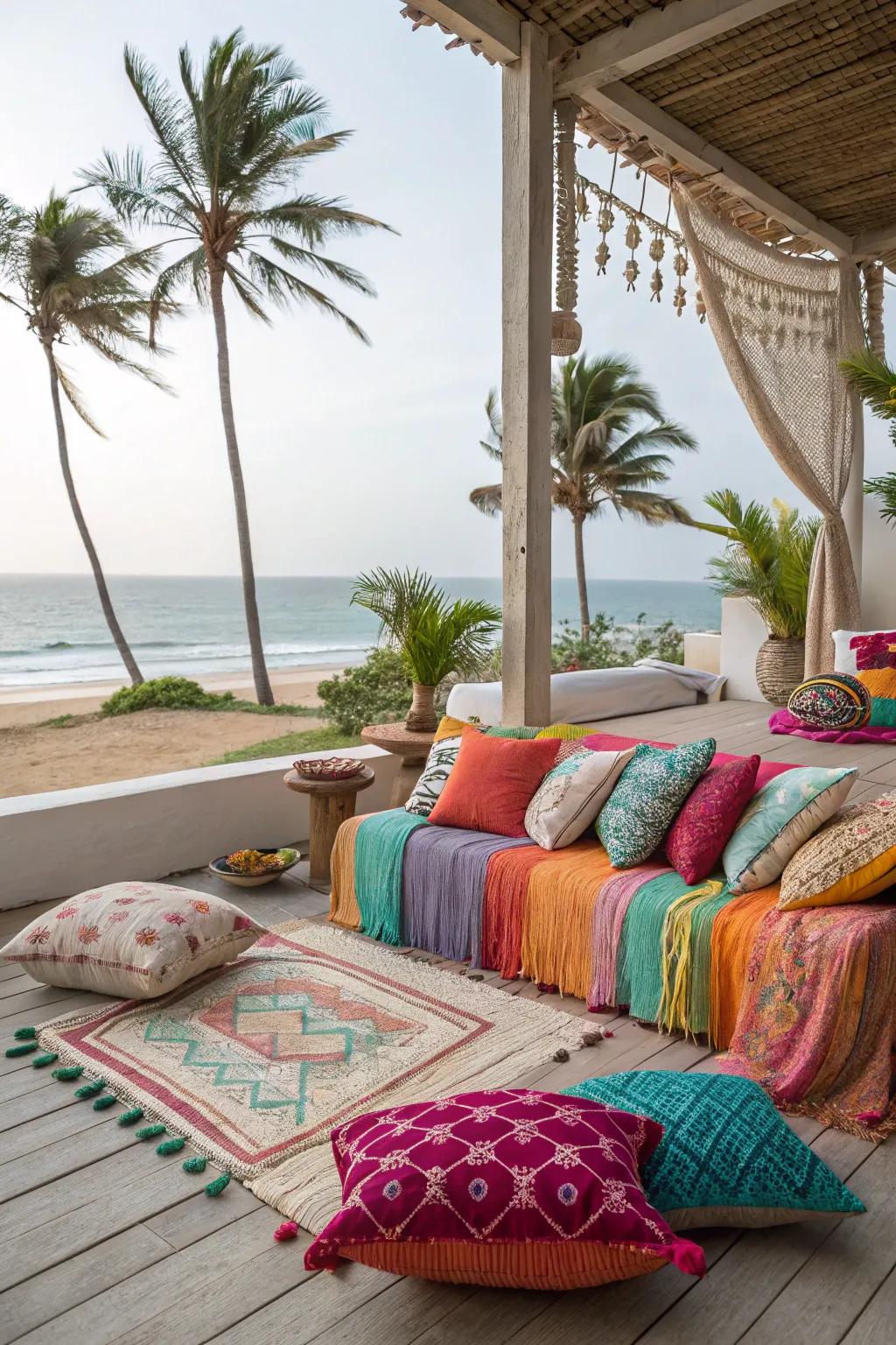Vibrant boho textiles adding color and texture to a beach house patio.