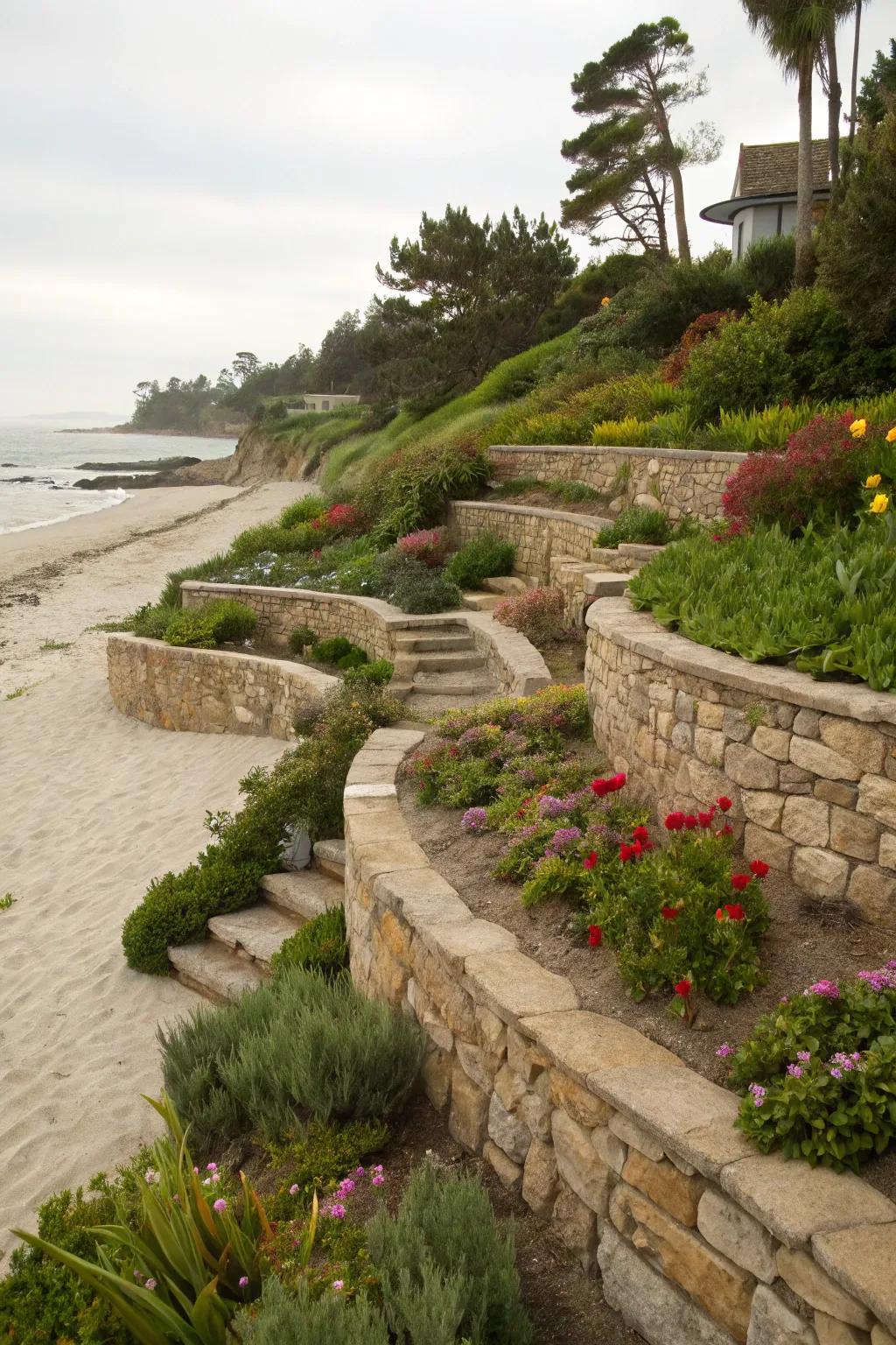 Natural stone features add elegance and structure to a beach-themed garden.