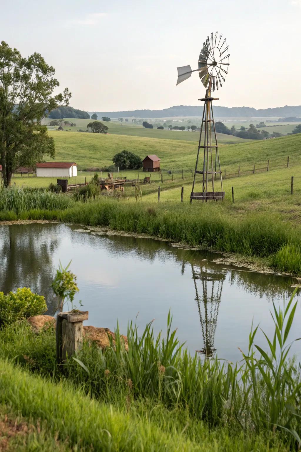 A windmill adds both charm and function to the farm pond.